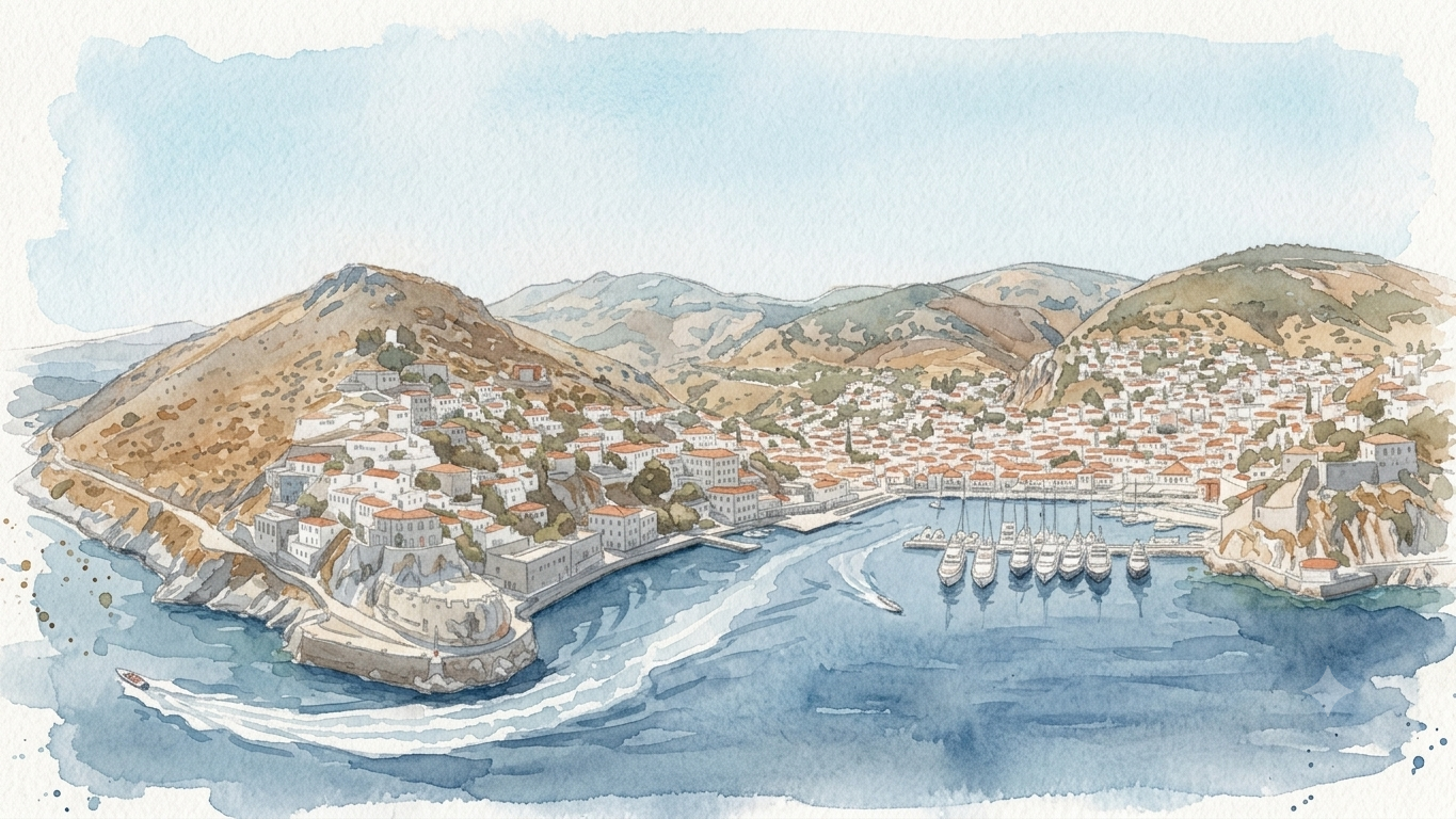 Aquarelle du port d'Hydra, Grèce