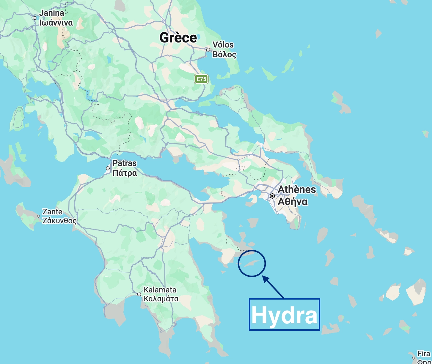 Localisation d'Hydra en Grèce, au large du Péloponnèse